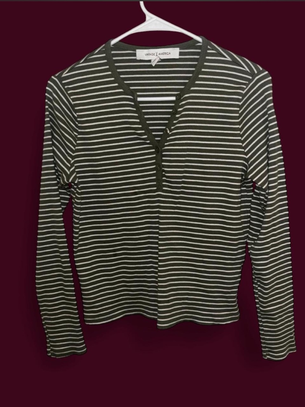 Vintage America Olive Green & White Striped Long Sleeve Henley